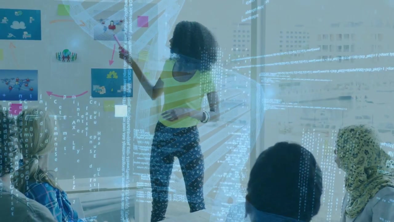 Presenter pointing and adding note on board, sparking DNA helix overlay and code stream for biotech