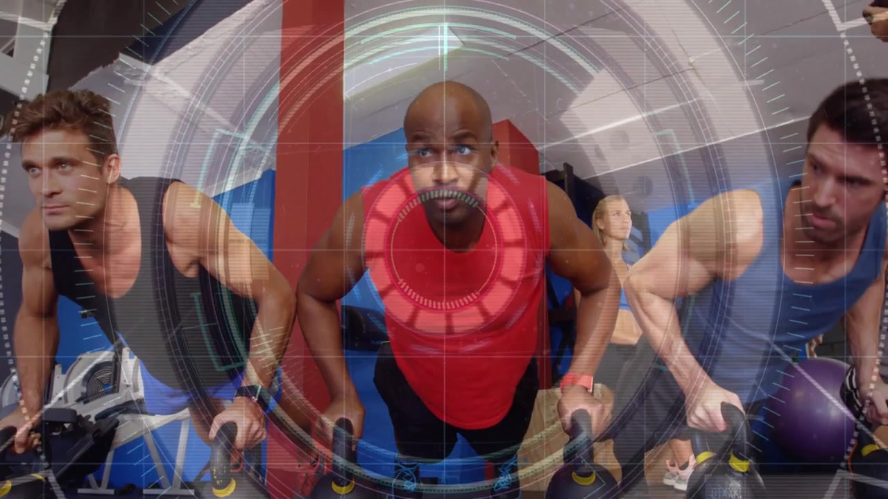 Lead male and group following HUD cue, pressing up on push-up handles, building fitness