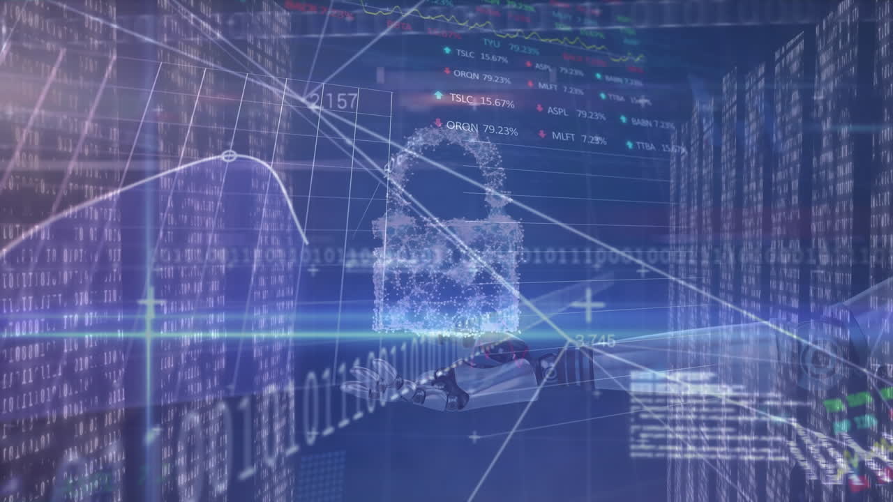 컴퓨터 서버를 통해 데이터 처리, 온라인 보안 패들록 및 바이너리 코딩의 애니메이션