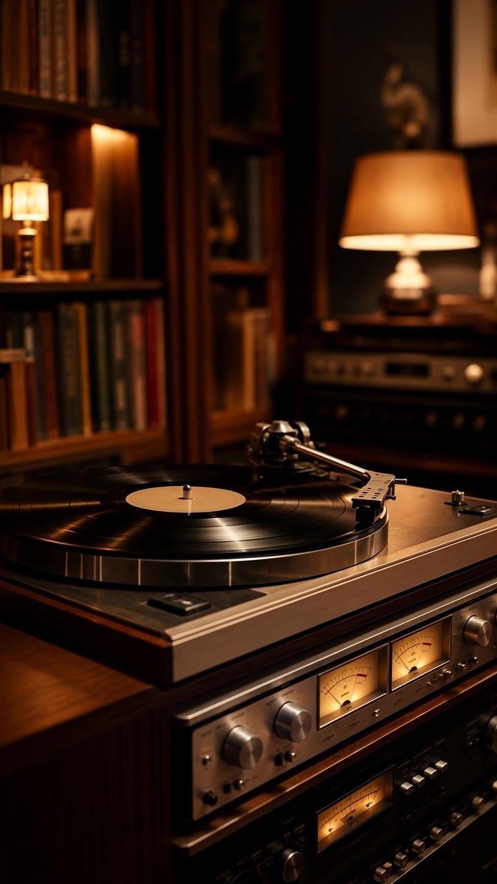Close-up vintage turntable with tonearm lowered onto vinyl record beside glowing analog receiver meters, surrounded by wood paneling, warm lamp light, metal controls, and cozy retro listening room