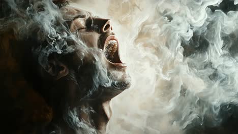 a man crying in smoke