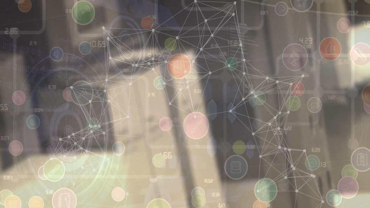 animación de la red de conexiones con iconos sobre un fondo borroso