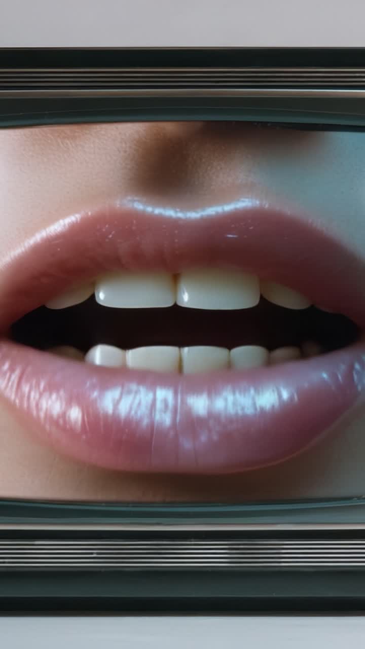 Primi Piani di Labbra Lucide e Denti Sorridenti Catturati su uno Schermo Televisivo Vintage, che Mostrano Lucidalabbra ed Espressione Orale in Alto Dettaglio.