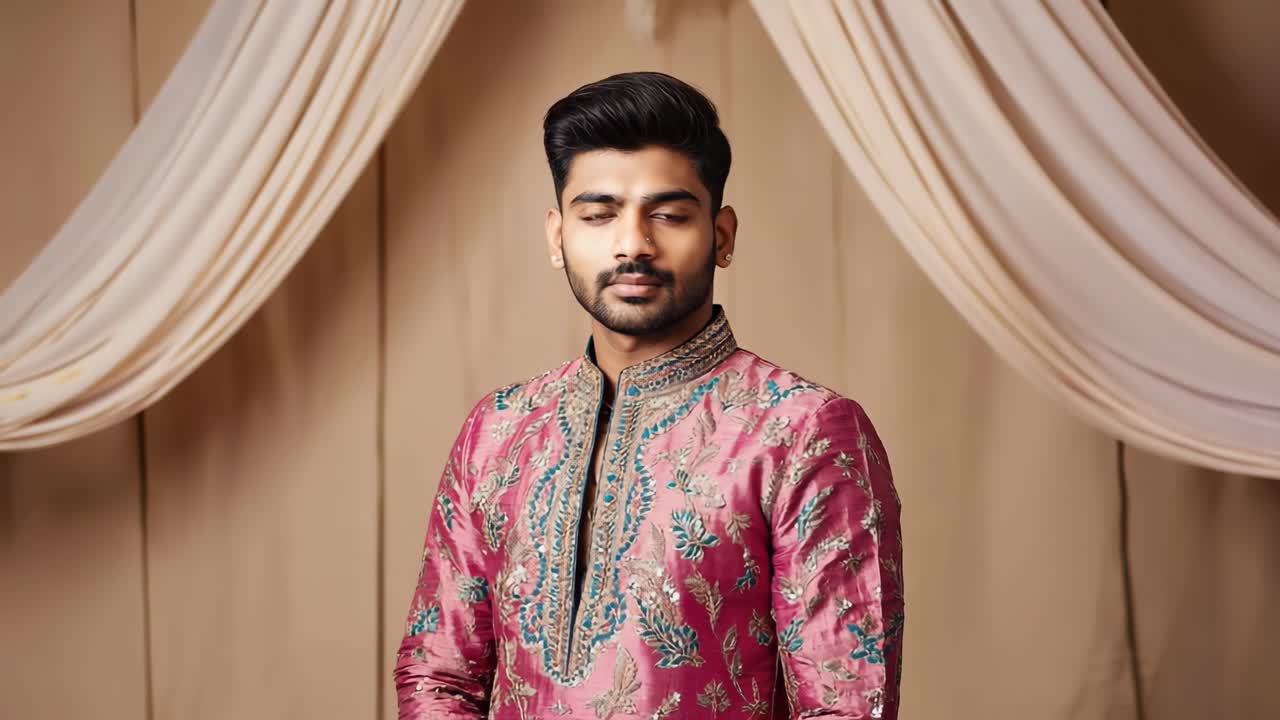 Indian man wearing an embroidered silk kurta poses against a backdrop of draped fabric, embodying traditional elegance and cultural heritage during a festive celebration