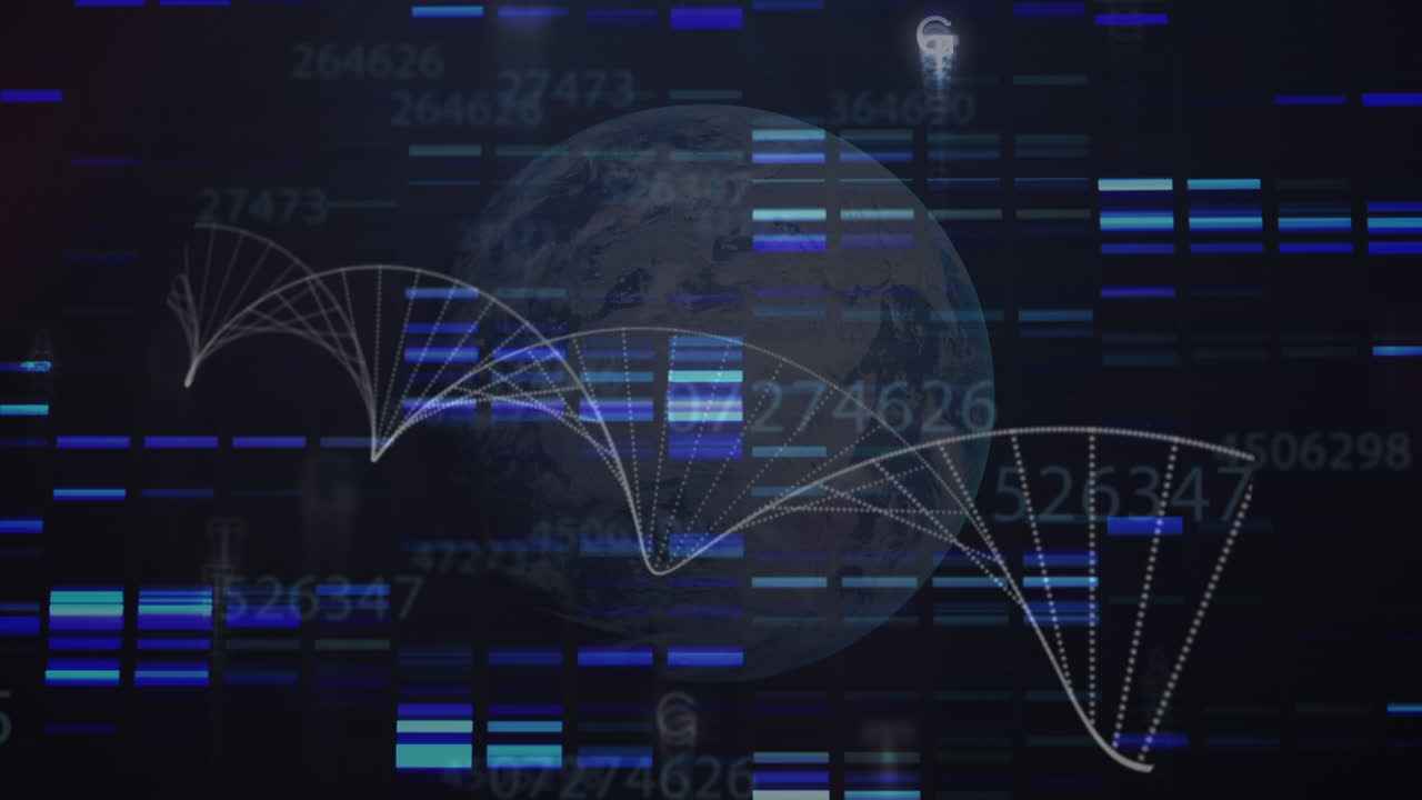 Animation of digital screen with biological data and globe on black background