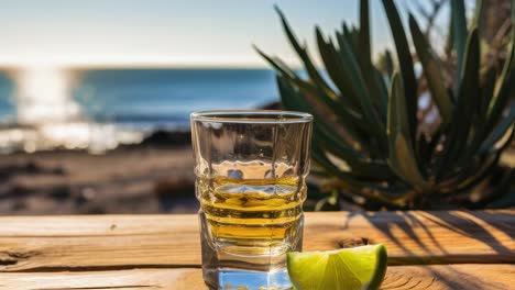 tequila shot by the beach at sunset