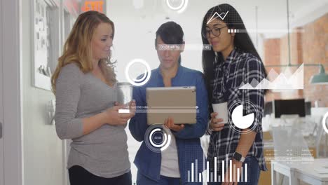 Animation-of-data-processing-over-three-diverse-women-discussing-over-digital-tablet-at-office