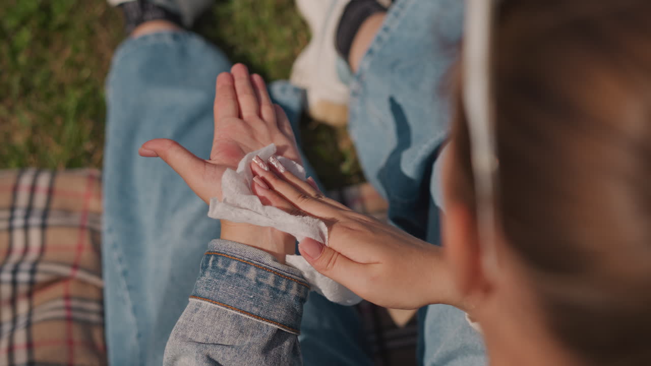 Guardanapo nas mãos durante piquenique em close-up, jovem mulher de jaqueta jeans sentada em cobertor xadrez limpa as mãos após lanche com grama quente e luz solar, momento íntimo e descontraído com textura e movimento.