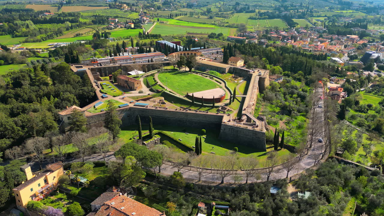 Aerial drone view of the Medicea Fortress in Arezzo, Italy in daylight