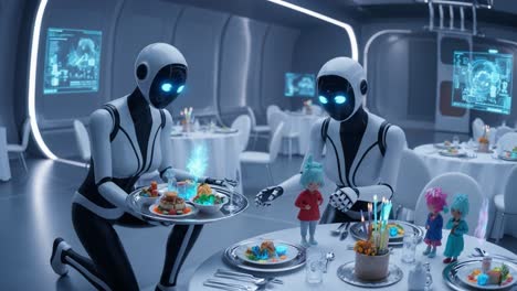 two futuristic robots serving gourmet dishes at a high-tech dining table, surrounded by colorful dolls in an elegant sci-fi environment