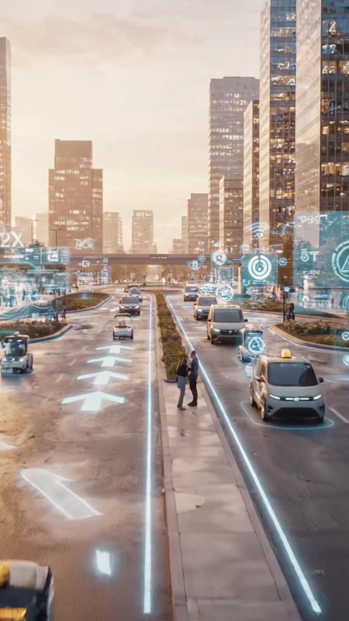 Futuristic Urban Streetscape Featuring Autonomous Vehicles and Smart City Elements in a Modern Cityscape at Sunset