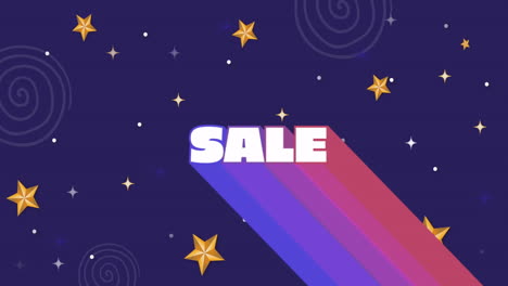 sale text animation over colorful streaks and stars on dark background