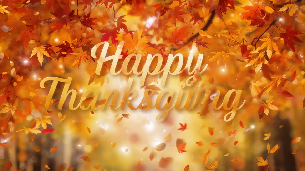 Moving maple leaves drifting past center Happy Thanksgiving at park in breeze sparkles twinkling