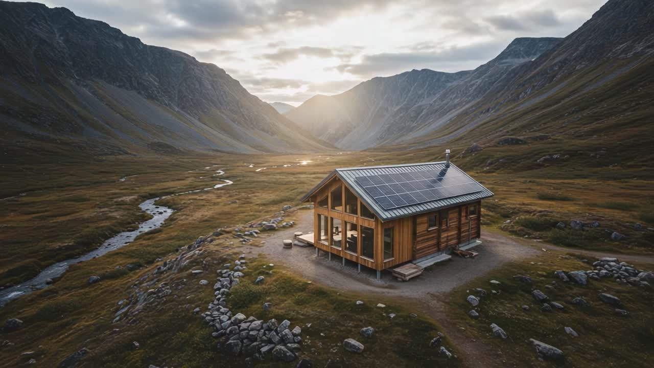 Et Fredfyldt Landskab med en Soldrevet Træhytte Beliggende i en Malerisk Dal, Omgivet af Majestætiske Bjerge og Rolige Strømmende Vandløb under en Overskyet Himmel
