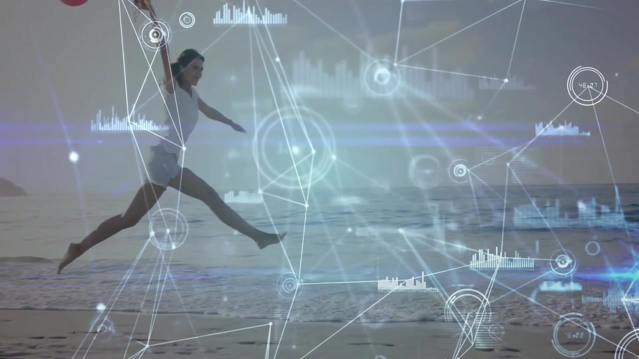 Woman entering beach raising balloons and running, showcasing tech data visuals drifting around