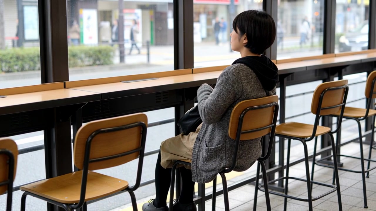 車を追いかけ、グレーのカーディガンを着た女性が通りに振り向き、黒いハンドバッグを持っている。コピースペースあり。