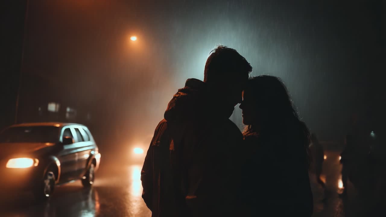 A Magical Embrace Amidst the Rain: Capturing the Essence of Love and Connection in a Dreamy Nighttime Setting