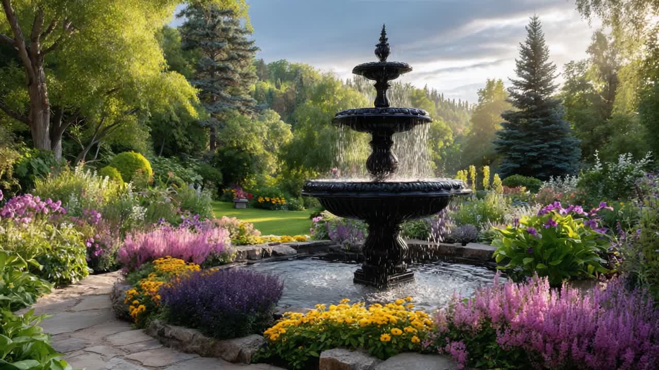 A Serene Garden Scene Featuring a Majestic Fountain Surrounded by Lush Greenery and Vibrant Flowerbeds in Full Bloom, Capturing Nature's Tranquility