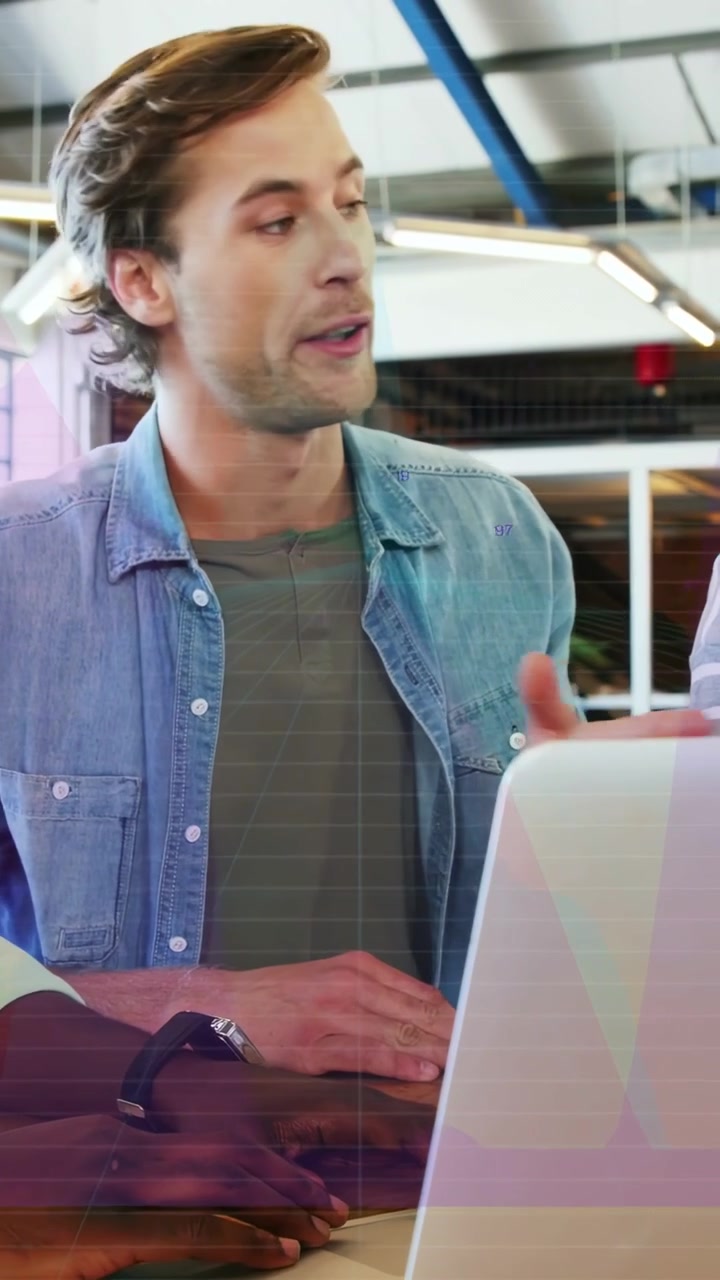 Vertical video: Peer hand reaching, denim man leading laptop for business, graphs rising over hands