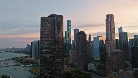 aerial view away from the lakefront of the streeterville skyline, dusk in chicago