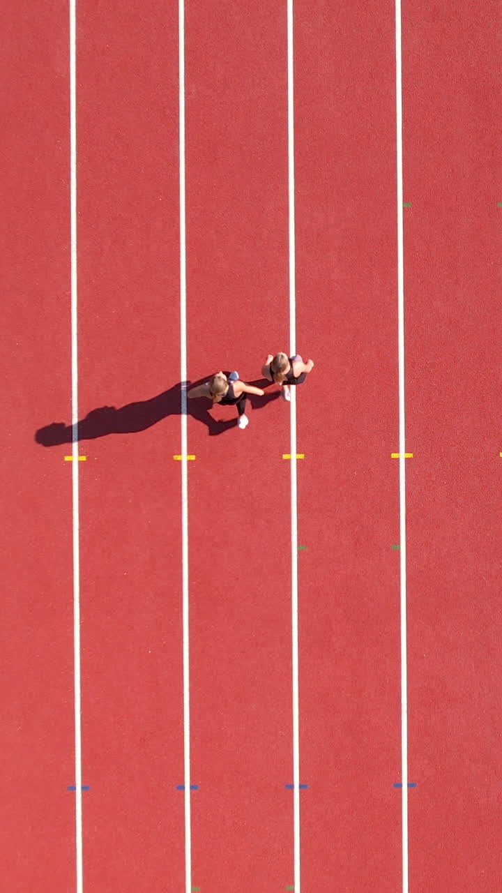 Inquadratura verticale dall'alto con drone di due atlete che fanno jogging insieme su una pista da corsa rossa in uno stadio. Perfetto per contenuti su fitness, sport e stile di vita sano