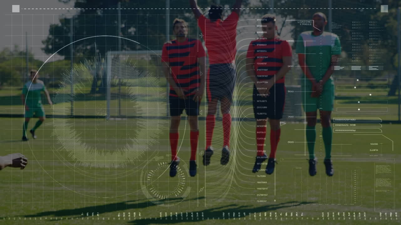 배경에서 다양한 축구 선수에 대한 데이터 처리의 애니메이션