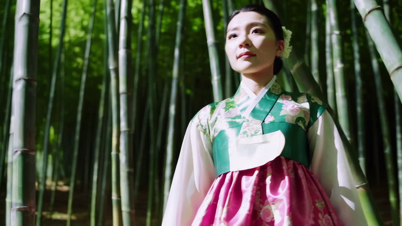 Woman in Hanbok in a Bamboo Forest