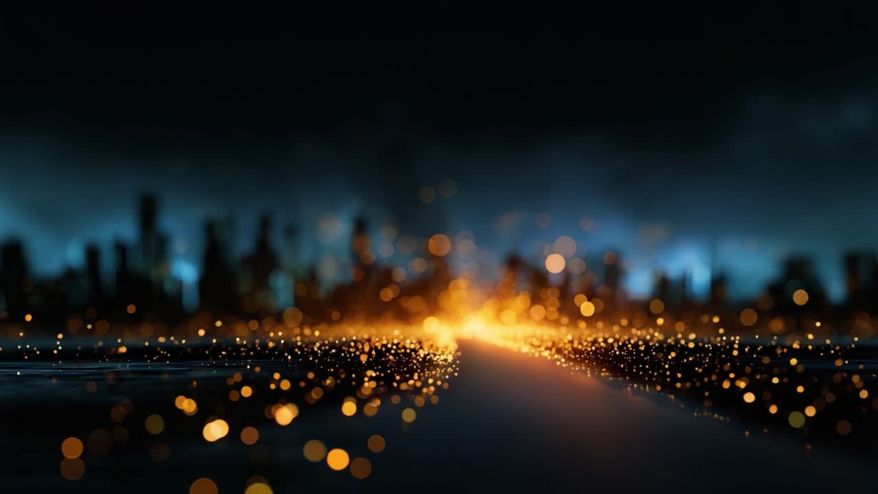 Un incantevole skyline cittadino illuminato da particelle vibranti e luminose, che creano un'atmosfera magica di meraviglia e mistero in questa affascinante esperienza visiva.