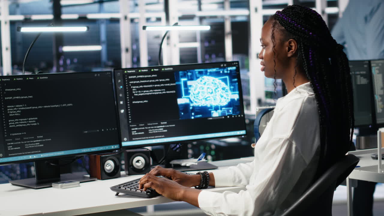 Data Center Female Programmer Uses Machine Learning Algorithms To Analyze Datasets