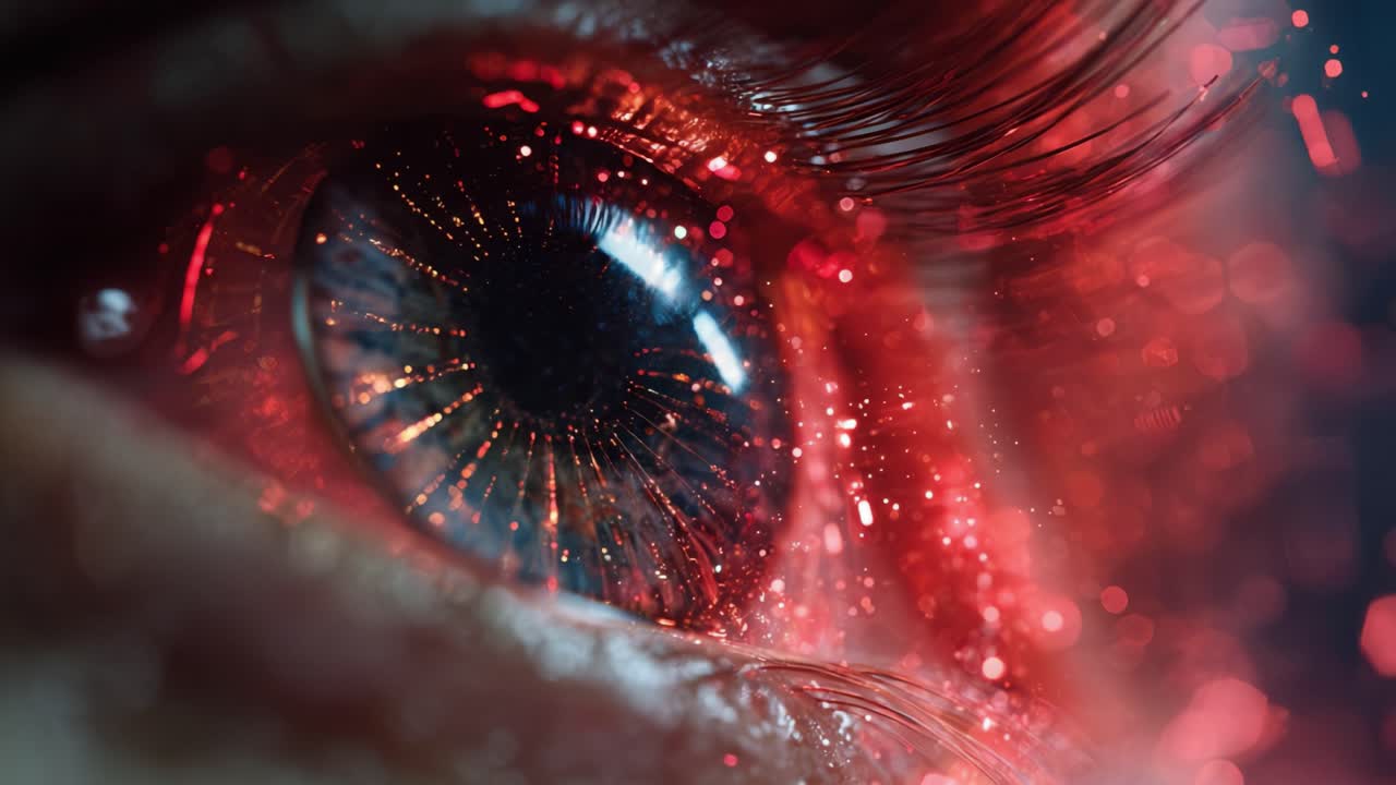 Macro view of a human blue iris reflecting a mesmerizing pattern of golden light rays. Surrounded by a vibrant cloud of sparkling red glitter and particles. Creating a magical and surreal atmosphere