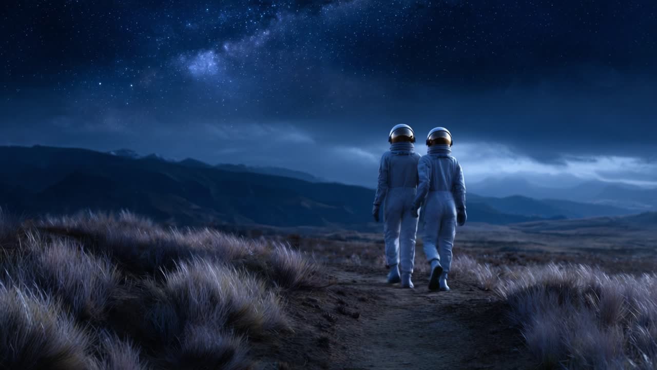 Dwóch astronautów eksploruje spokojny obcy krajobraz pod gwiaździstym niebem, ukazując piękno eksploracji kosmosu i bezmiar wszechświata, który ich czeka