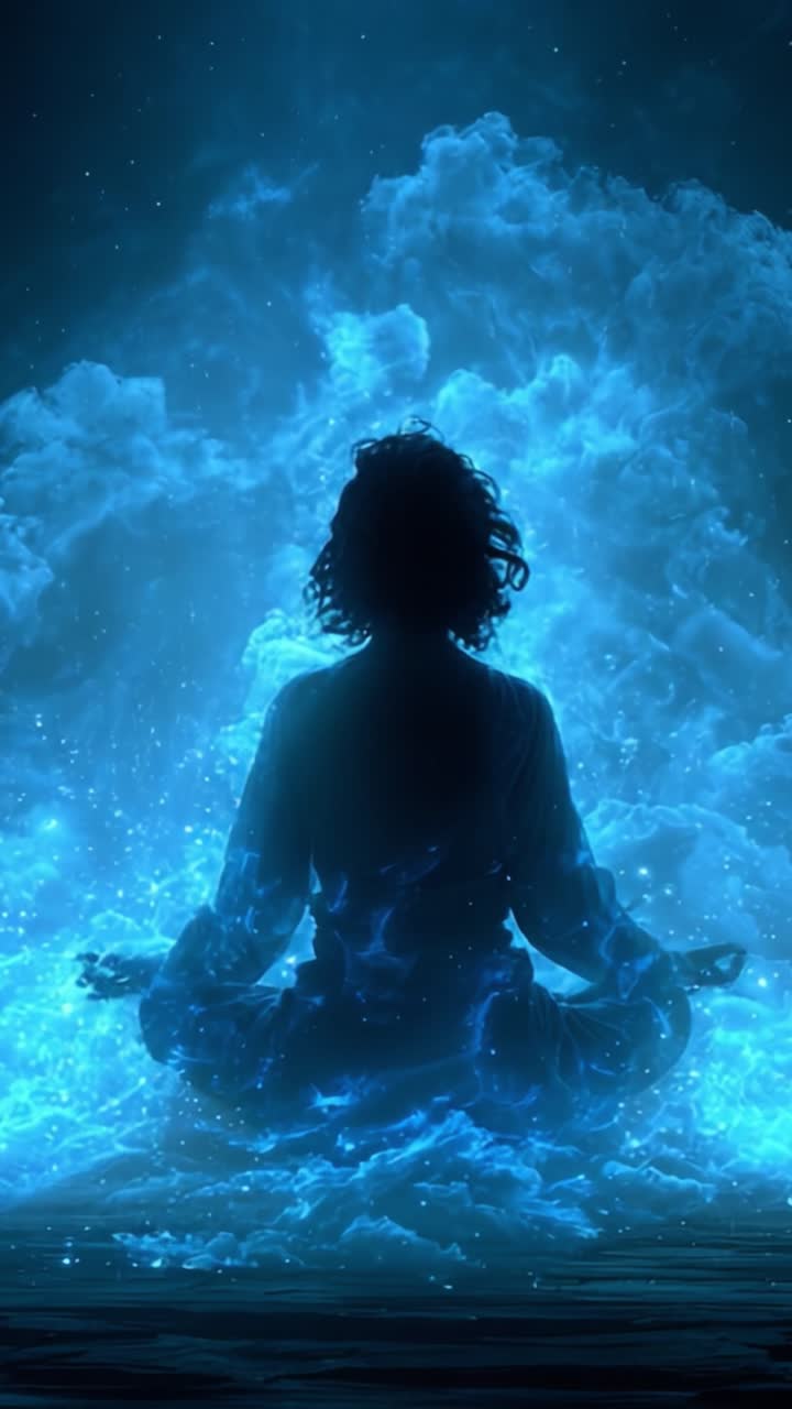 Una figura serena medita in mezzo a un'energia blu eterea e nuvole fantastiche, creando un'atmosfera mistica di calma e tranquillità in un ambiente onirico.