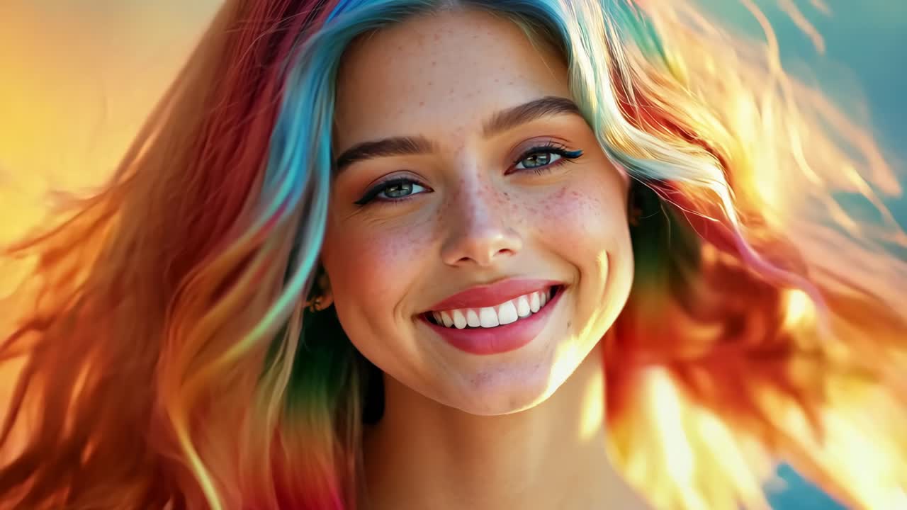 A woman with red, blue, and green hair is smiling. The hair is styled in a way that makes it look like it's blowing in the wind