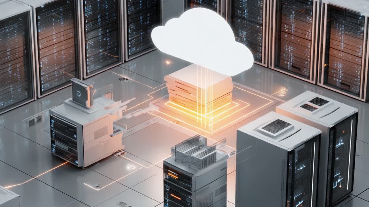 A Futuristic Data Center Featuring Cloud Technology and Server Connectivity Showcasing High-Tech Storage Solutions and Advanced Network Infrastructure Innovations