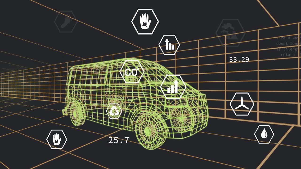 On start wireframe van appearing, hexagonal icons emerging and updating showing environmental data