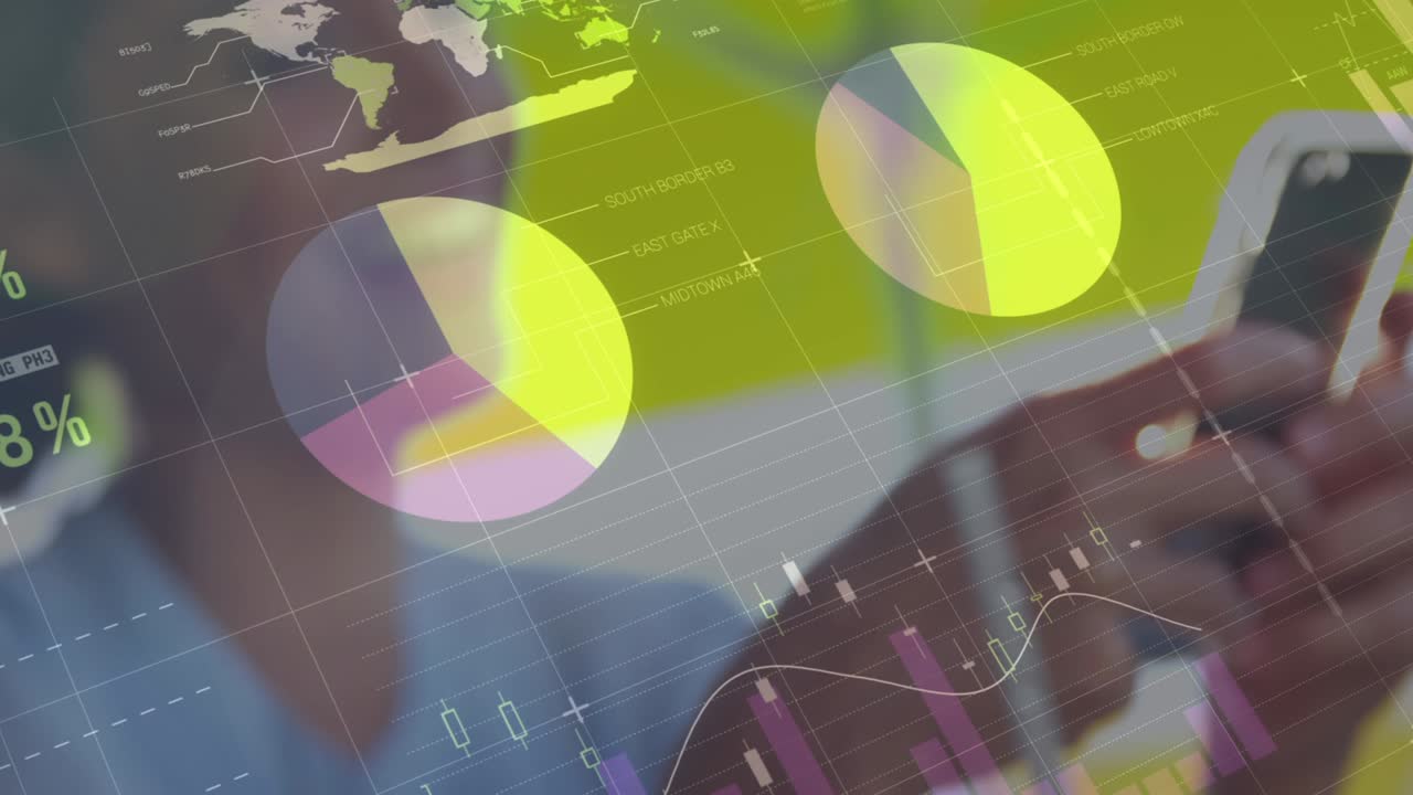 animación de estadísticas y procesamiento de datos sobre mujeres que usan teléfonos inteligentes