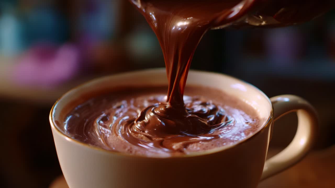 Rich and Creamy Chocolate Sauce Drizzled into a Warm Cup of Hot Cocoa, Creating Swirls and Textures for a Deliciously Indulgent Treat Experience