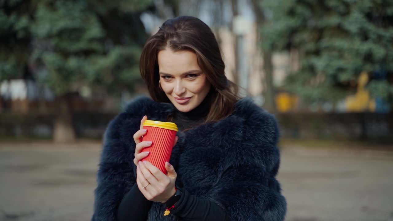 Pretty girl in fur coat with beverage outdoors. Portrait of a beautiful woman with a plastic cup in hands on blur park background.