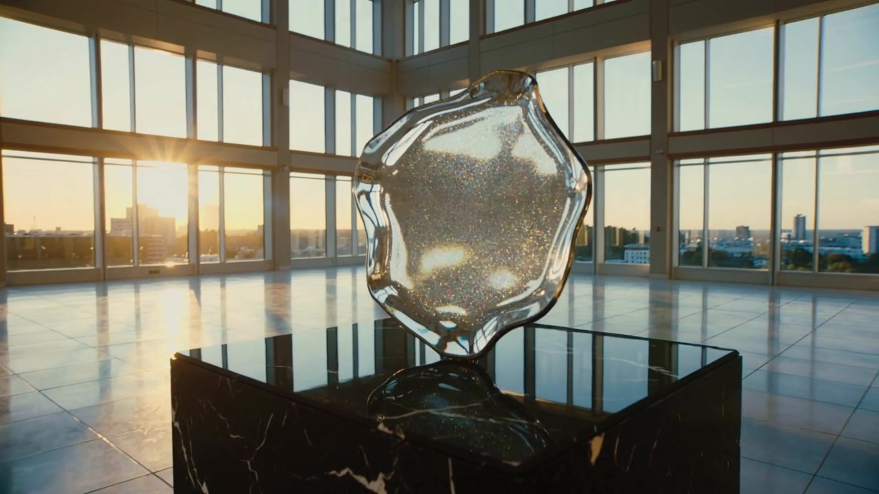 Pulling back camera revealing rotating translucent sculpture on pedestal in atrium, showing skyline