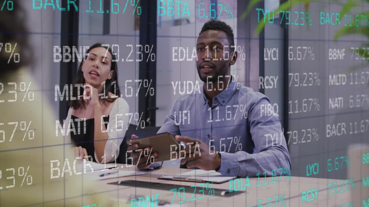 Animation of stock market over diverse colleagues having meeting in office