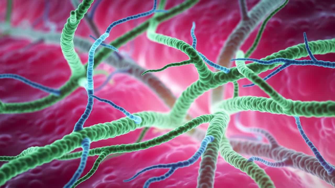 Intricate Structures Depicting Microscopic Lifeforms with Cellular Detail Showcasing Vibrant Networks of Green and Blue Tendrils in a Biological Environment