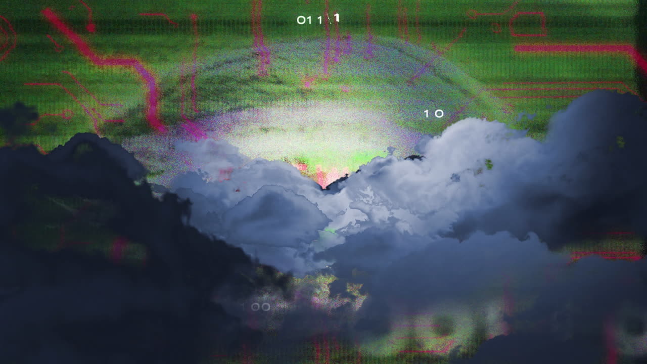 Merging clouds with digital numbers in surreal, abstract animation scene