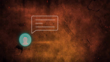 Teal user avatar icon sending message via white speech bubble over grunge background in flat design