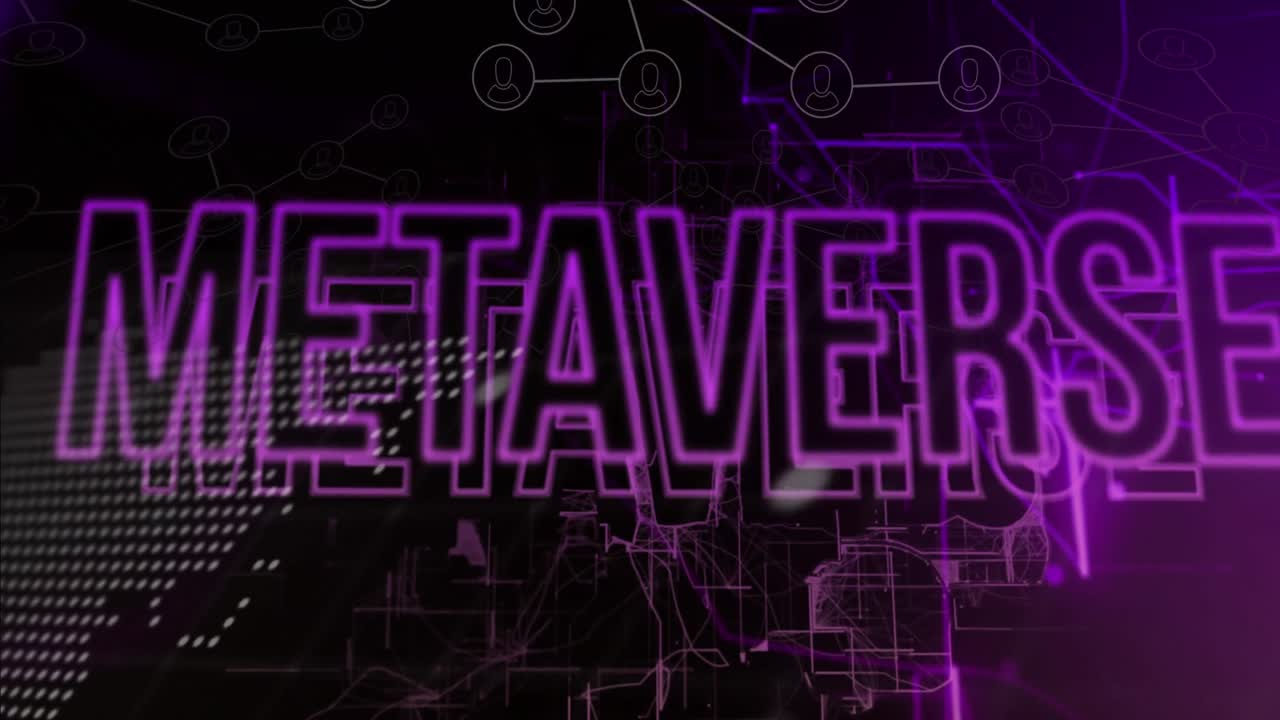 보라색 배경에 대한 세계 지도 위의 메타버스 텍스트 배너와 라이트 트레일의 애니메이션