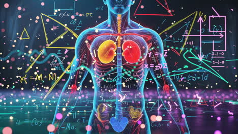 digital human anatomy with mathematical formulas and scientific data