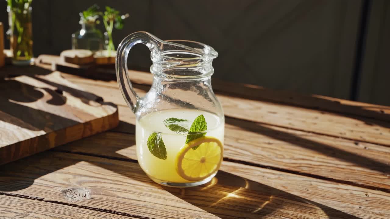 A rustic video shot of a glass pitcher with lemonade and mint, captured at a low angle on a wooden