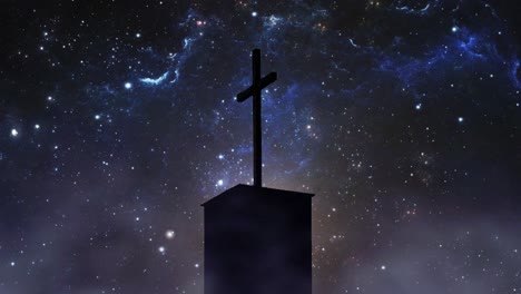 pilar cruzado silueta por encima de la torre con un fondo de cielo estrellado
