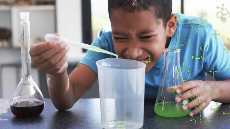 Conducting science experiment, child using pipette over chemical formulas animation