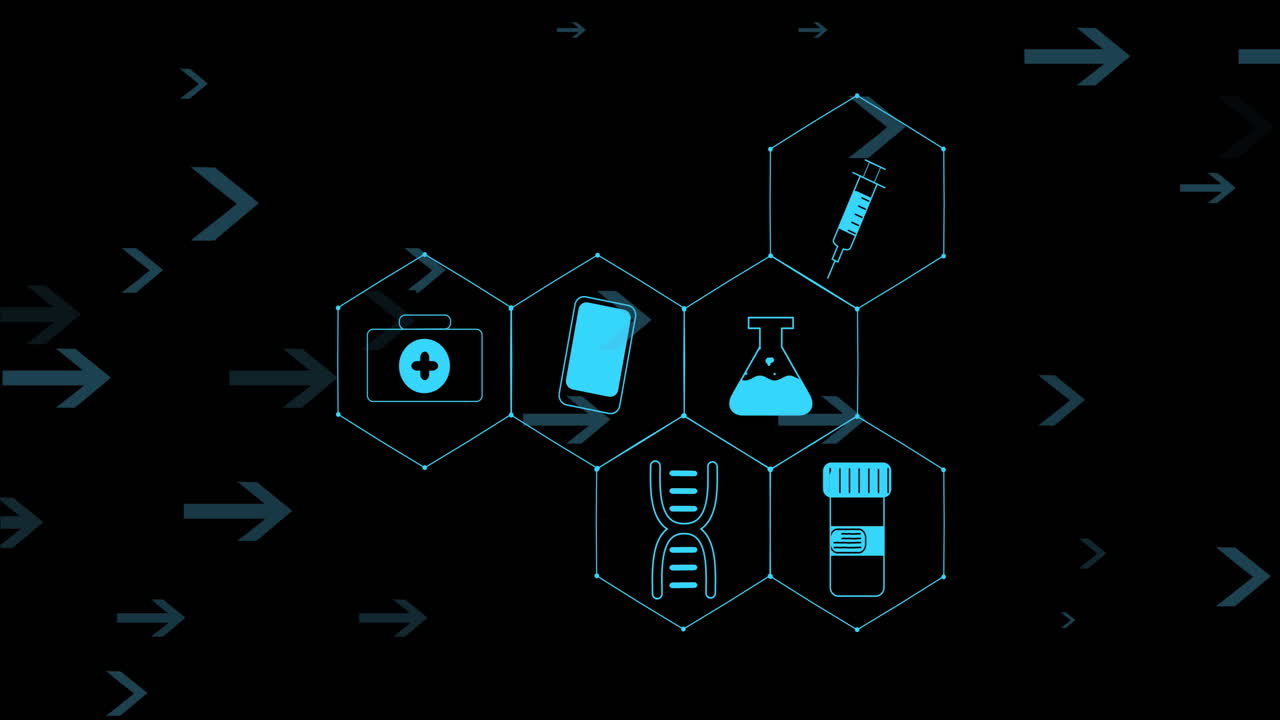 animação de ícones e setas médicas em fundo preto