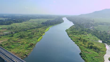 aerial view of opak river with green vegetation as long as river bank. big river with greenery landscape. indonesia.